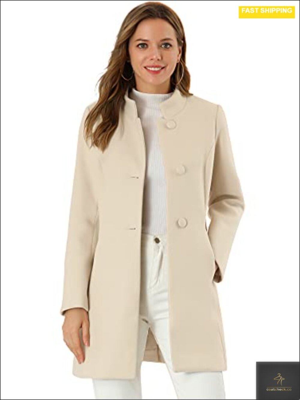 Womens Winter Wool Pea Coat Mid-Long Stand Collar Single Breasted Fully Lined